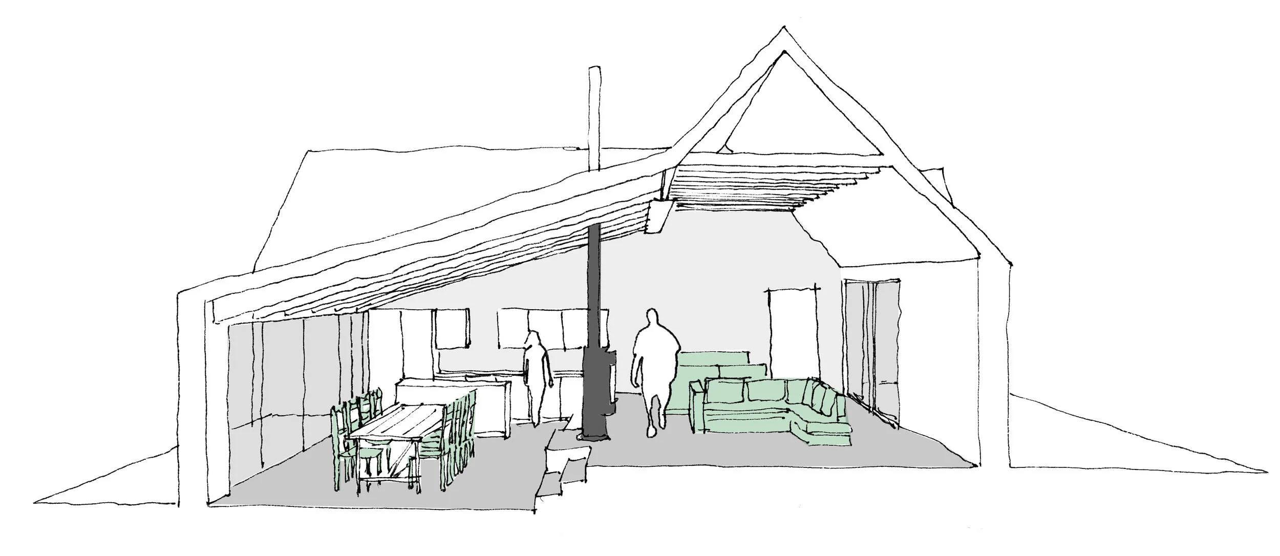 section showing relationship between snug area, double sided stove and dining area - note the steel beam separating old from new and exposed ceiling timbers