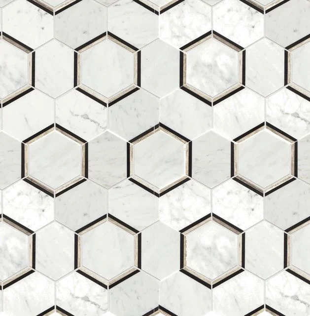 Use neutral but bold patterns. If used sparingly like in a small powder room or kitchen backsplash, bold patterns can truly make a statement that discerning buyers are clamoring for in their homes. (Source: American Olean Genuine Stone Carrara Honeycomb Mosaic Marble Floor And Wall Tile from Lowes.com)