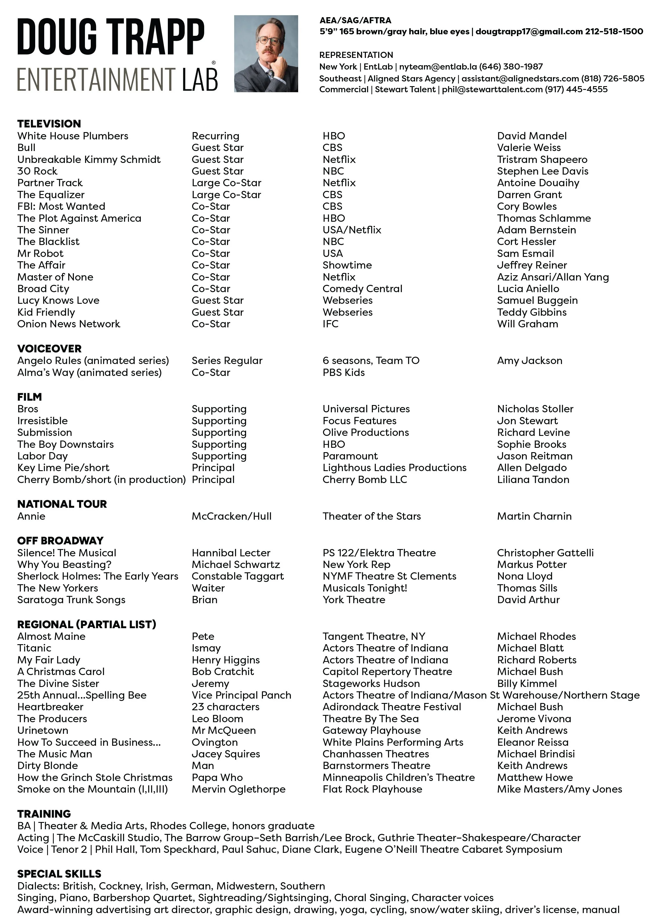 A resume for Doug Trapp from the Entertainment Lab organization. Features a professional headshot of him, personal details, and a categorized list of his work experience in television, voiceover, film, regional theater, training, and special skills.