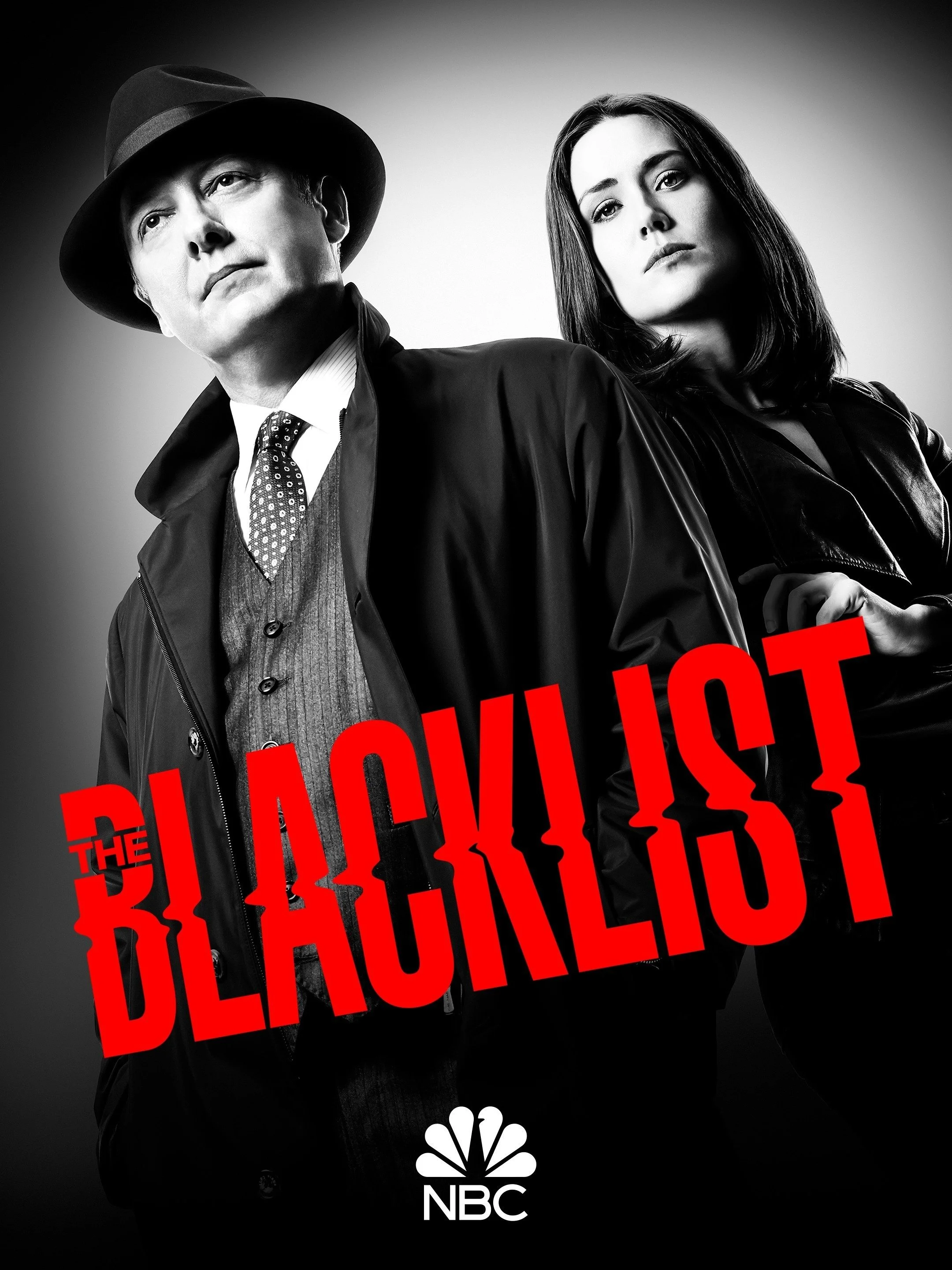 Black and white promotional poster for the TV series 'The Blacklist' featuring a man in a fedora hat and woman with dark hair, with bold red text overlayed and the NBC logo at the bottom.