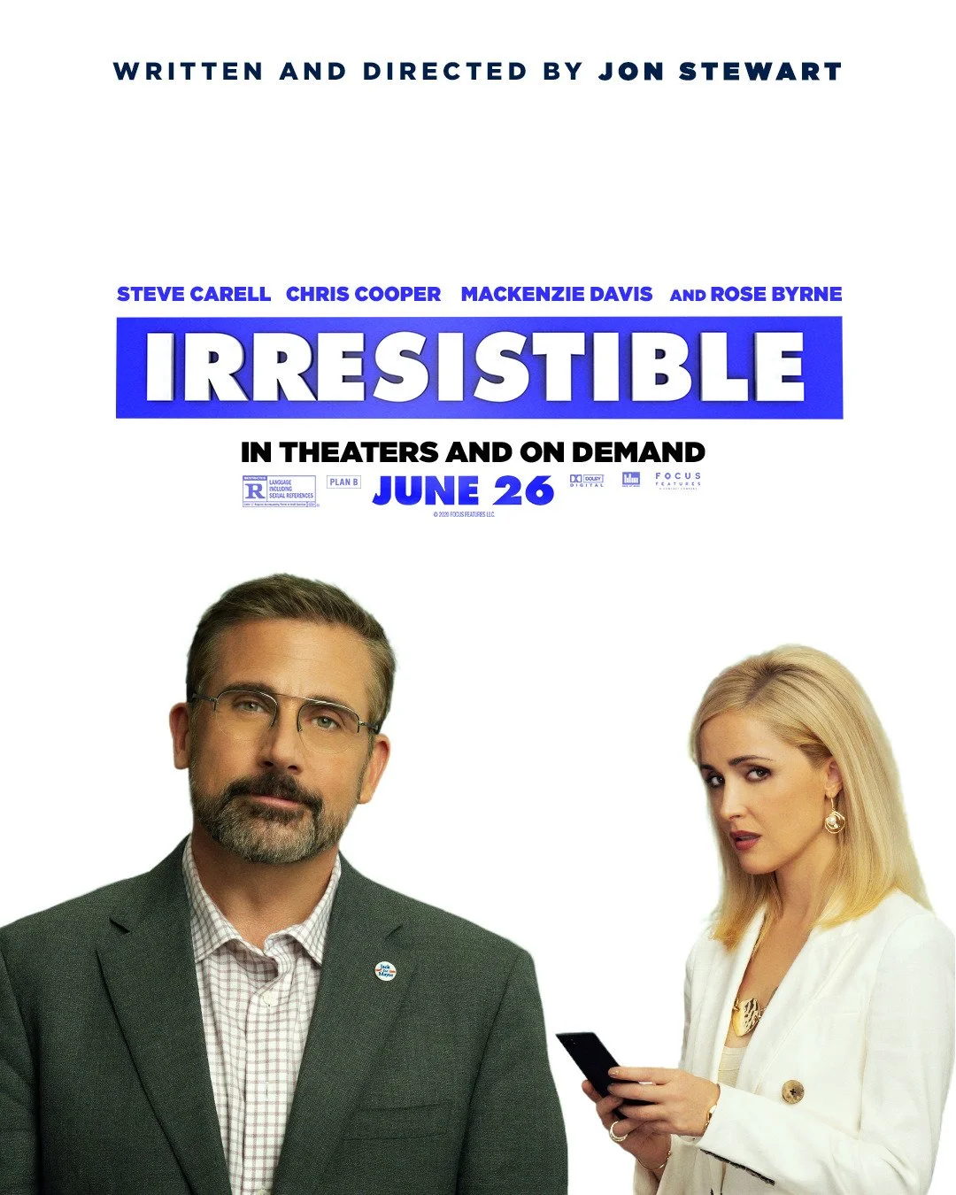 Movie poster for 'Irresistible' featuring Steve Carell and Rose Byrne. The text indicates it is written and directed by Jon Stewart, with a release date of June 26. The poster has a white background with images of the actors.