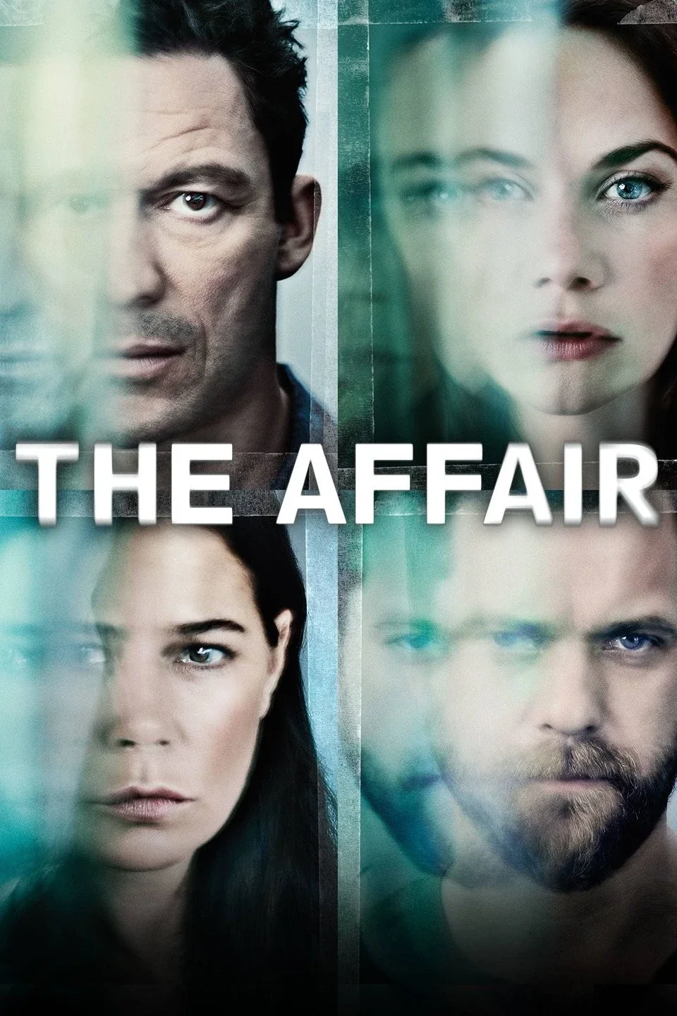 Close-up of four individuals looking through glass, with the title 'The Affair' in the middle.