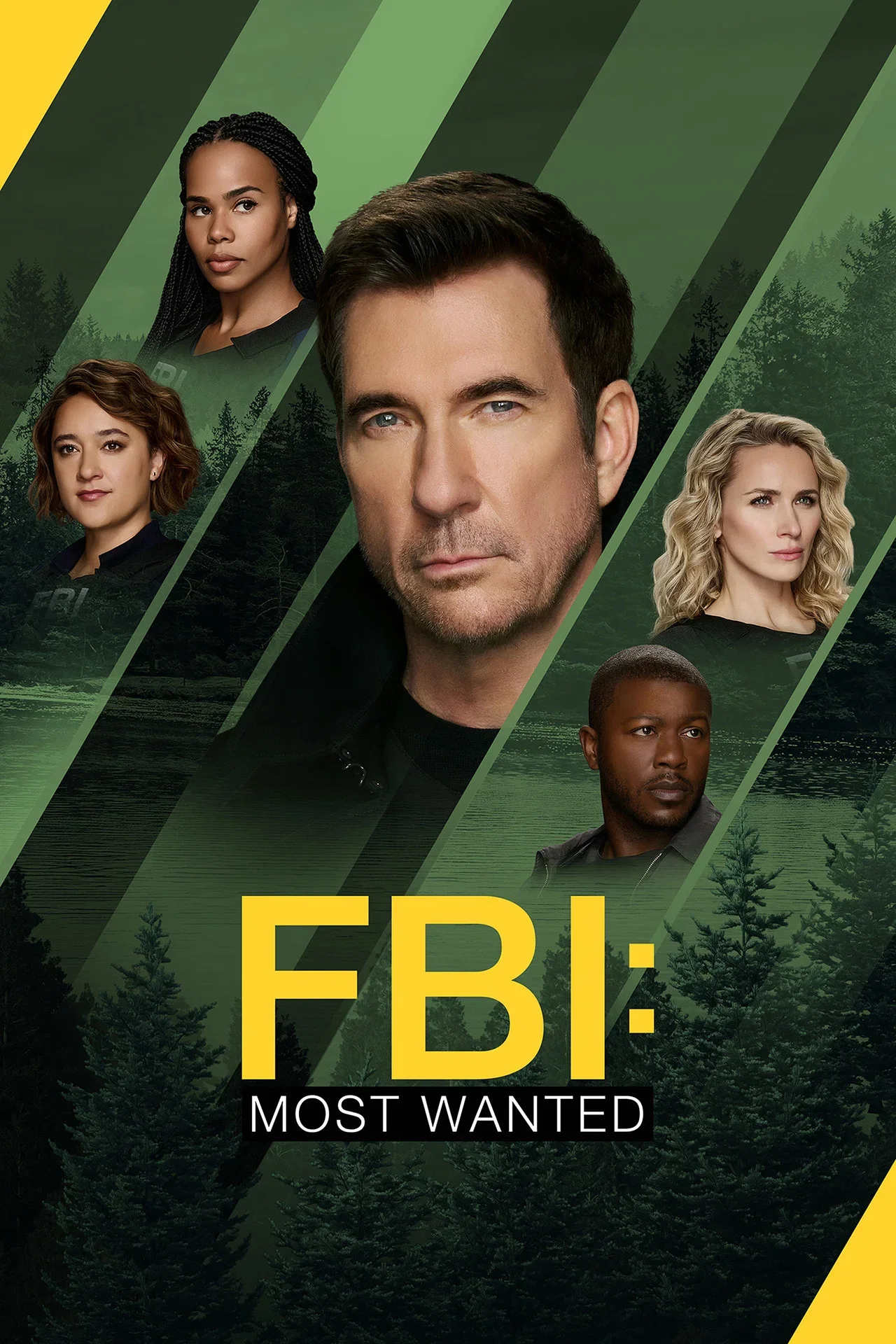 Promotional poster for the TV series 'FBI: Most Wanted' featuring five main characters with serious expressions, set against a background of a forest and river, with the show's title in large yellow and white letters.
