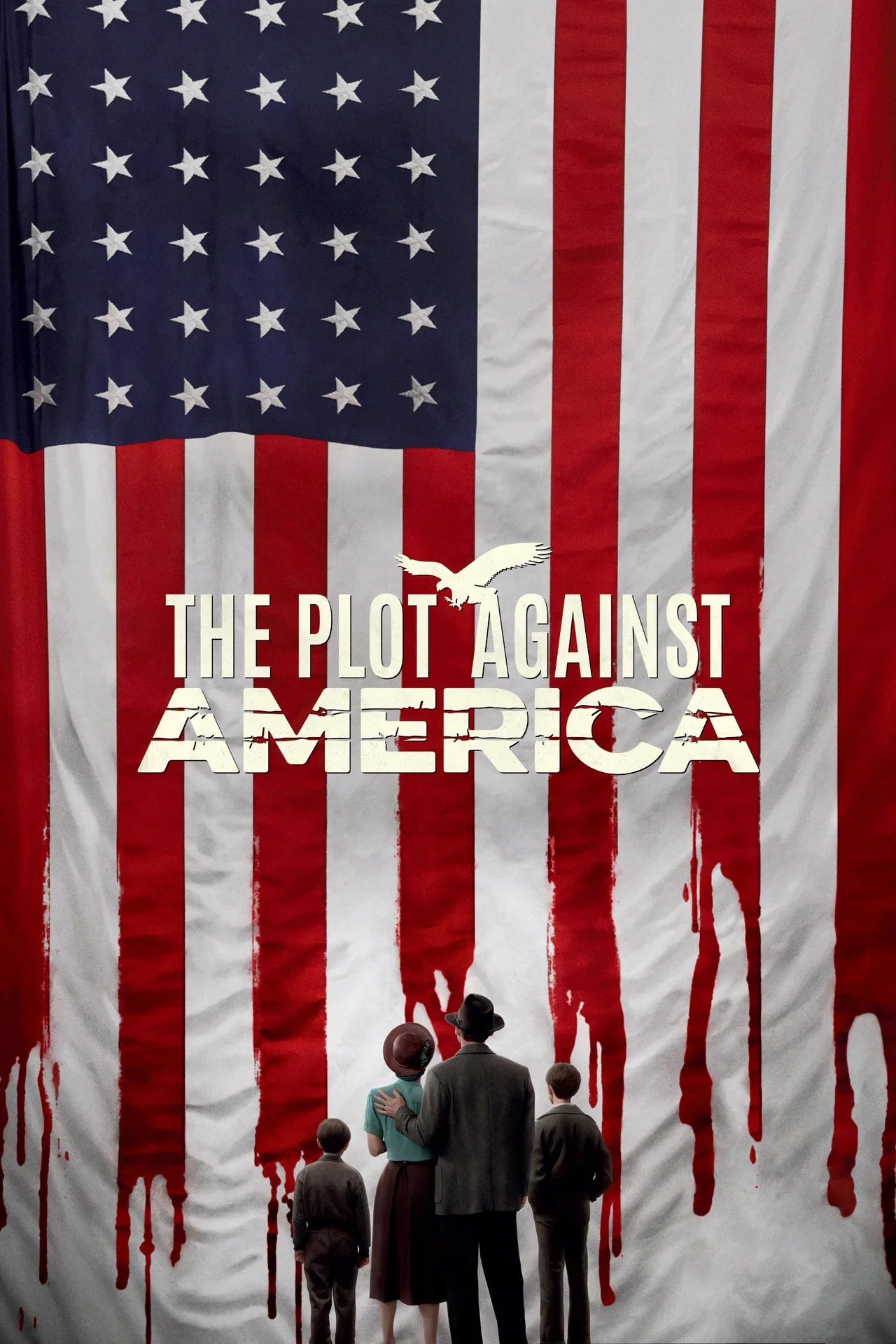 People looking at a large American flag with the words 'The Plot Against America' written on it, and a silhouette of an eagle in the middle.