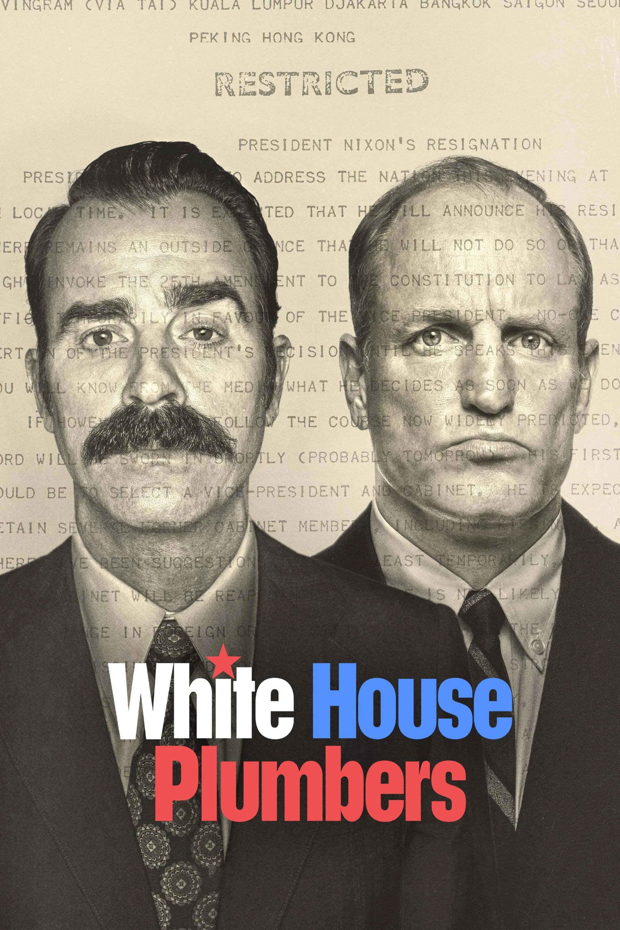 Black and white photo of two men in suits and ties, with the text "White House Plumbers" in bold red and blue letters over the image. The background features a document with the word "RESTRICTED" and text about President Nixon's resignation and relat