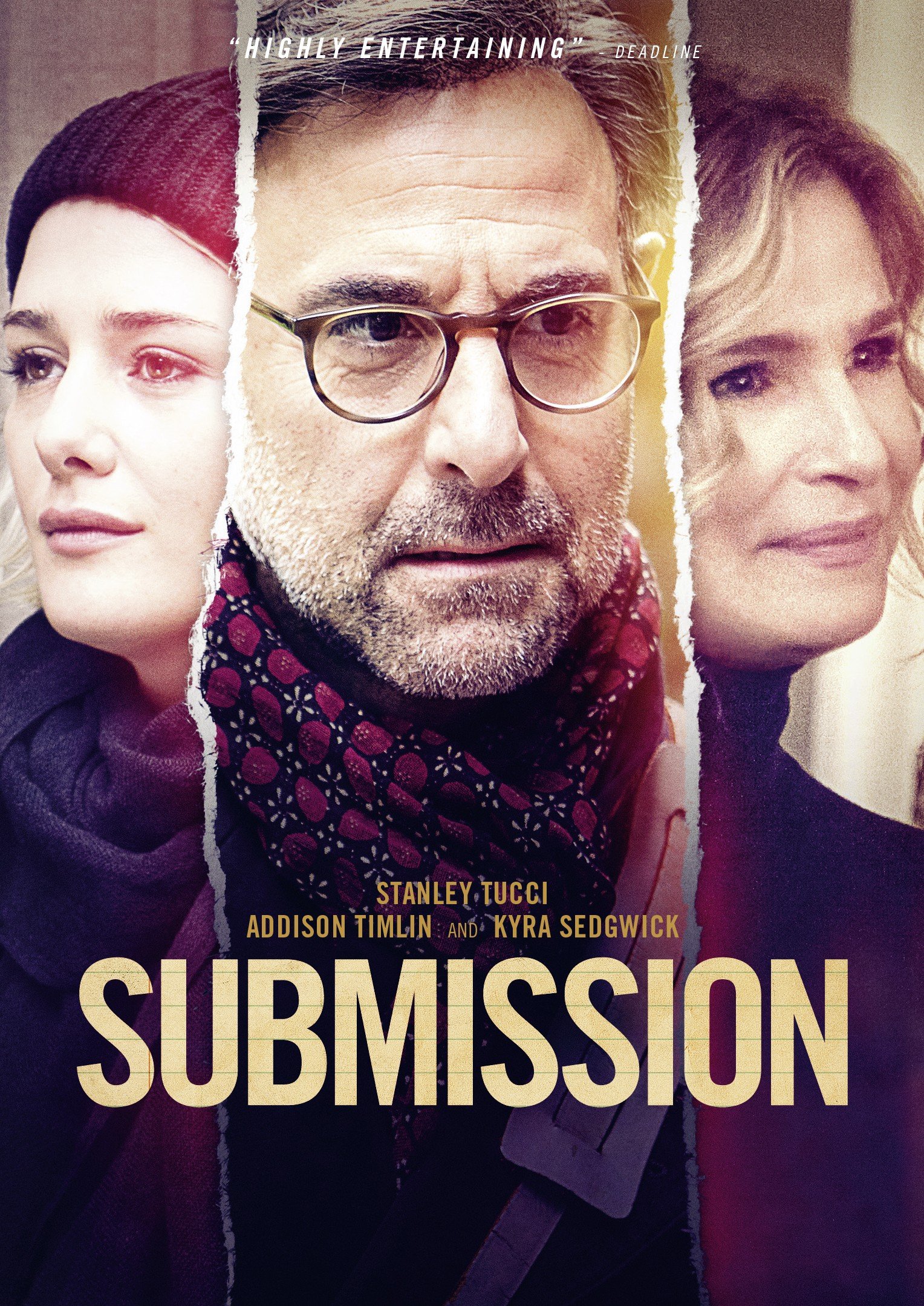 Close-up of a movie poster for 'Submission' featuring three characters: a young woman with blonde hair on the left, a middle-aged man with glasses and a beard in the center, and a woman with dark hair on the right. The poster includes quotes, names, 