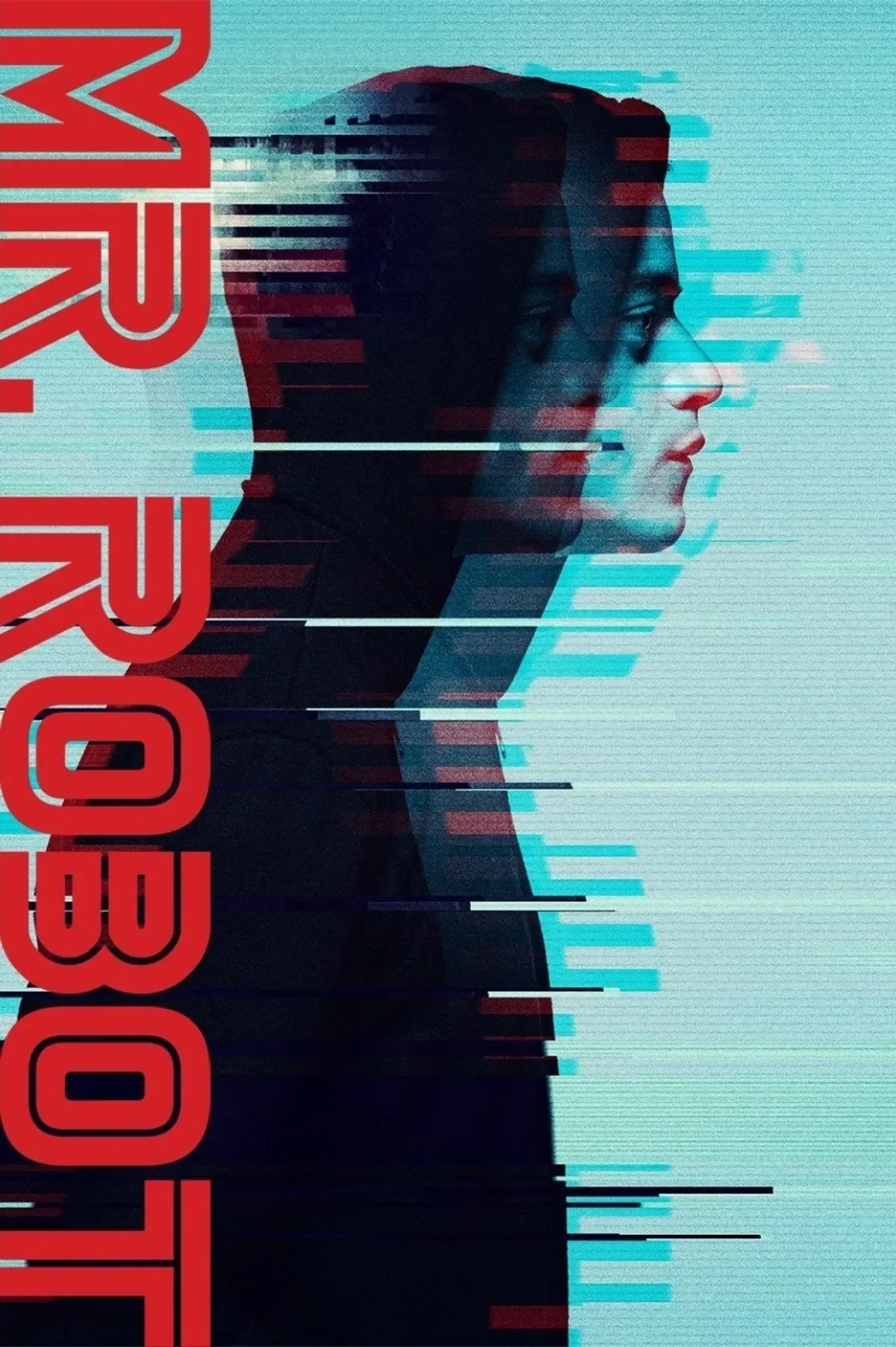 Digital artwork featuring side profile of a man's face, created with glitch art effects and horizontal lines, with red text on the left.