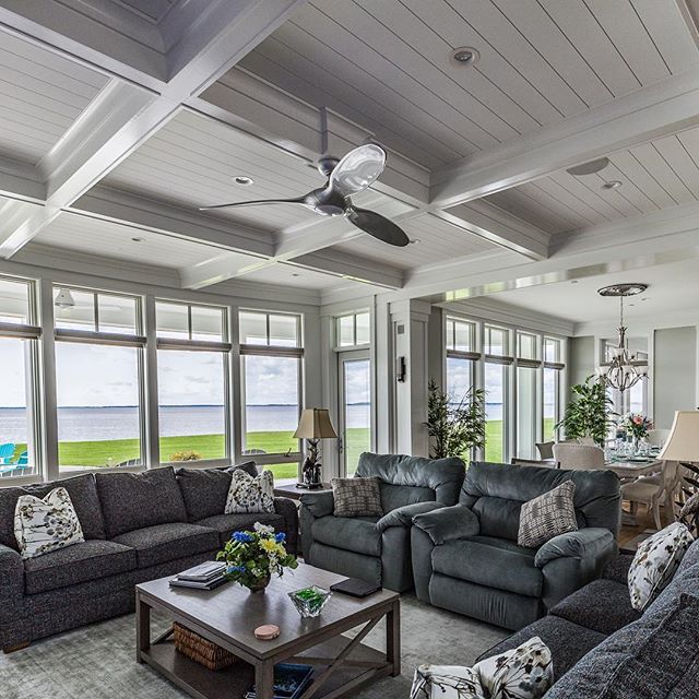 Loving the detail of the coffered ceiling in this living room of the gorgeous waterfront home we recently completed.  Photo credit: @aimeemphotography  #kentisland #easternshoremd #masonconstructionco #marylandcustombuilder #livingroom