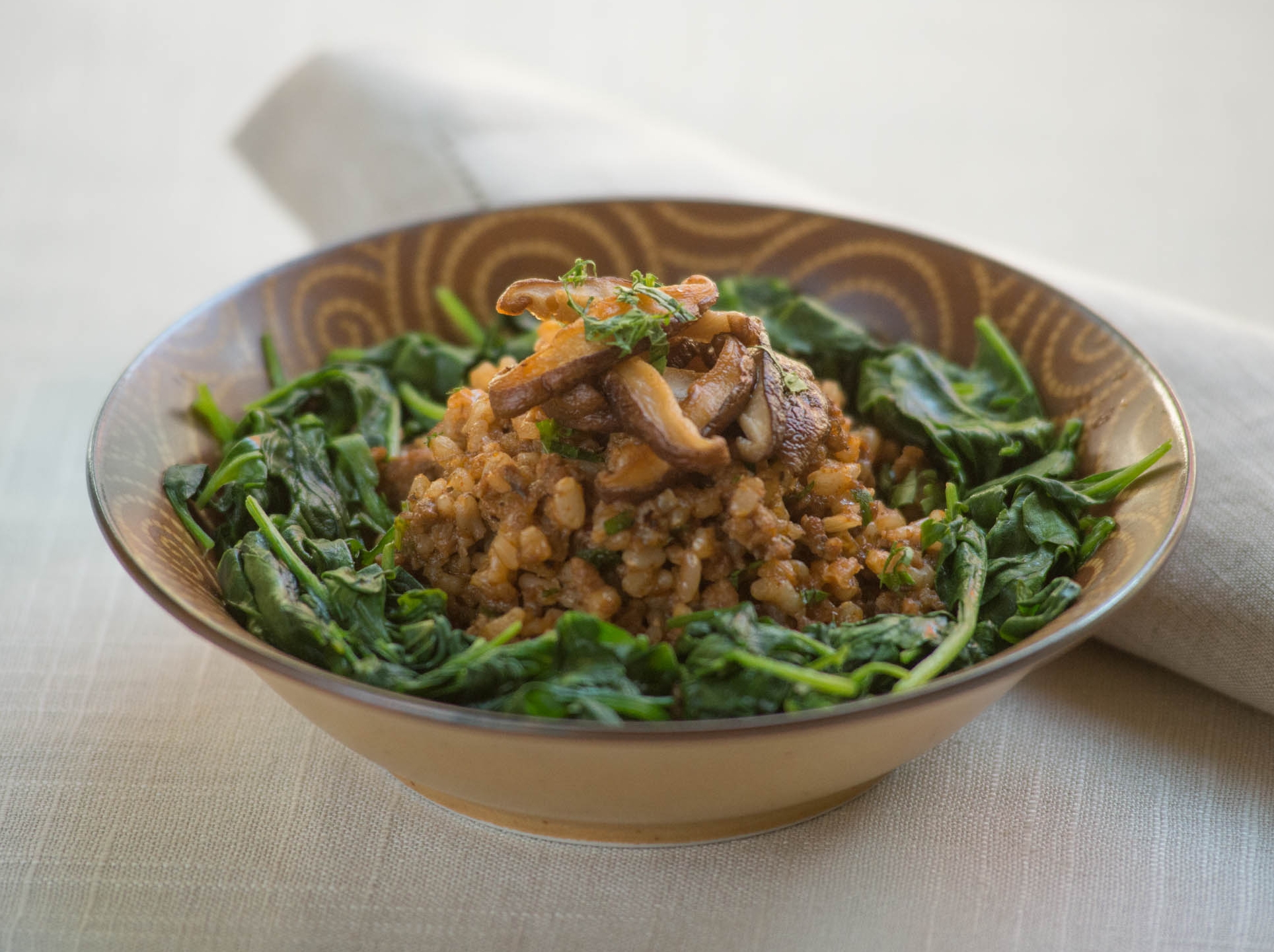 Turkey Rice Bowl with Spinach & Shiitake Mushrooms