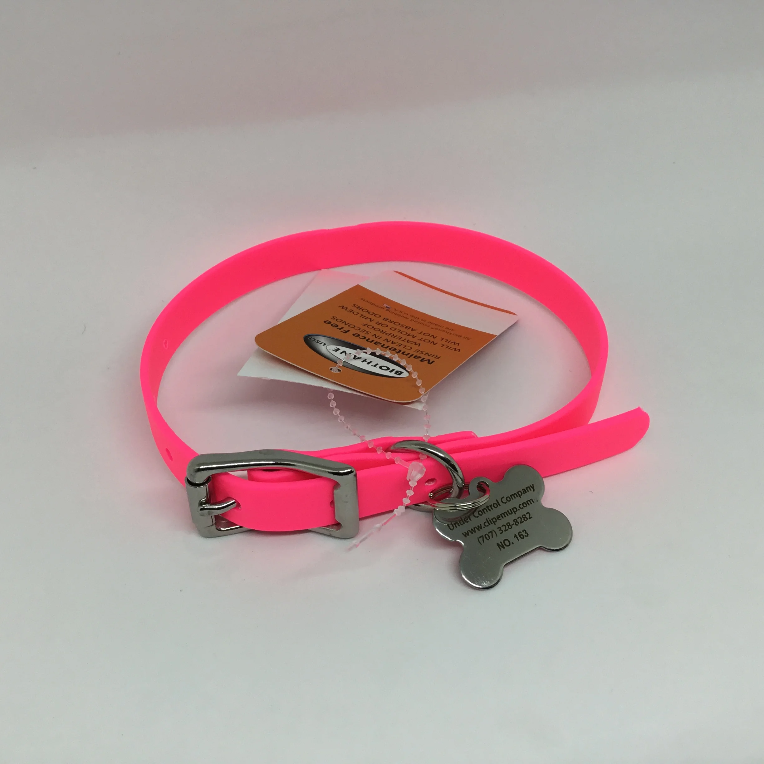 Beta BioThane®️ Adjustable Flat Buckle Dog Collar with Stainless Steel Hardware in Pink, Bright