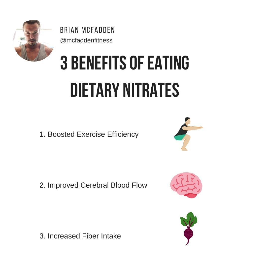 Here are three reasons why its wise to eat more foods with dietary nitrates: 

✅Boosted Exercise Efficiency 

Nitric oxide primarily acts as a vasodilator, meaning it helps blood vessels relax and helps more blood and oxygen to be delivered to muscle