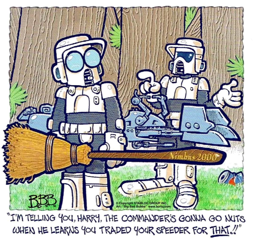 Nobody Respects The Value Of A Flying Household Cleaning Utility In The Empire More Than Trooper Potter | A Starlog Archive Cartoon
