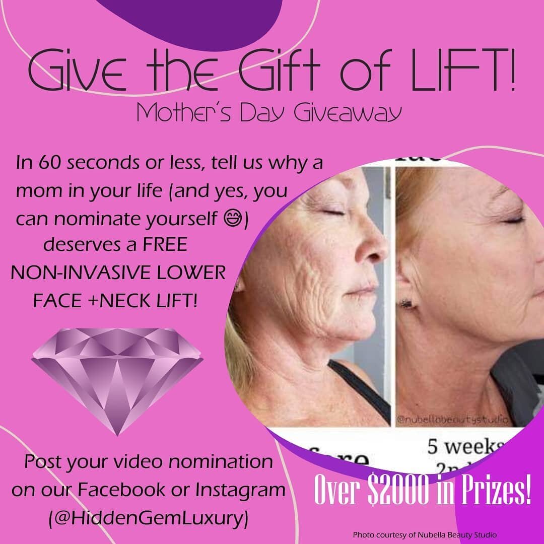This Mother's Day, give the GIFT of LIFT! 

In 60 seconds or less, tell us why a mom in your life (and yes, you can nominate yourself 😅) deserves a FREE NON-INVASIVE LOWER FACE LIFT! 

Post your video nomination on our Facebook (@HiddenGemLuxury) or