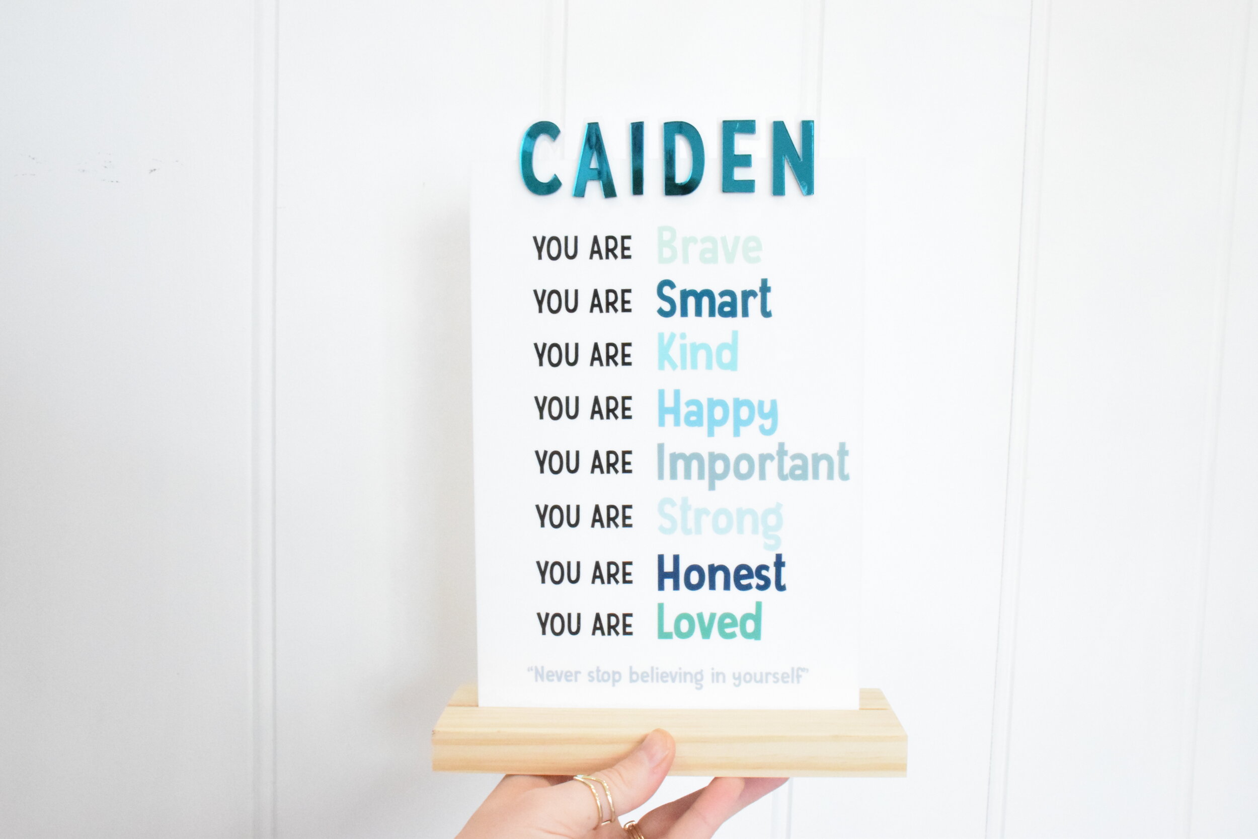 i am plaque white acrylic with timber base