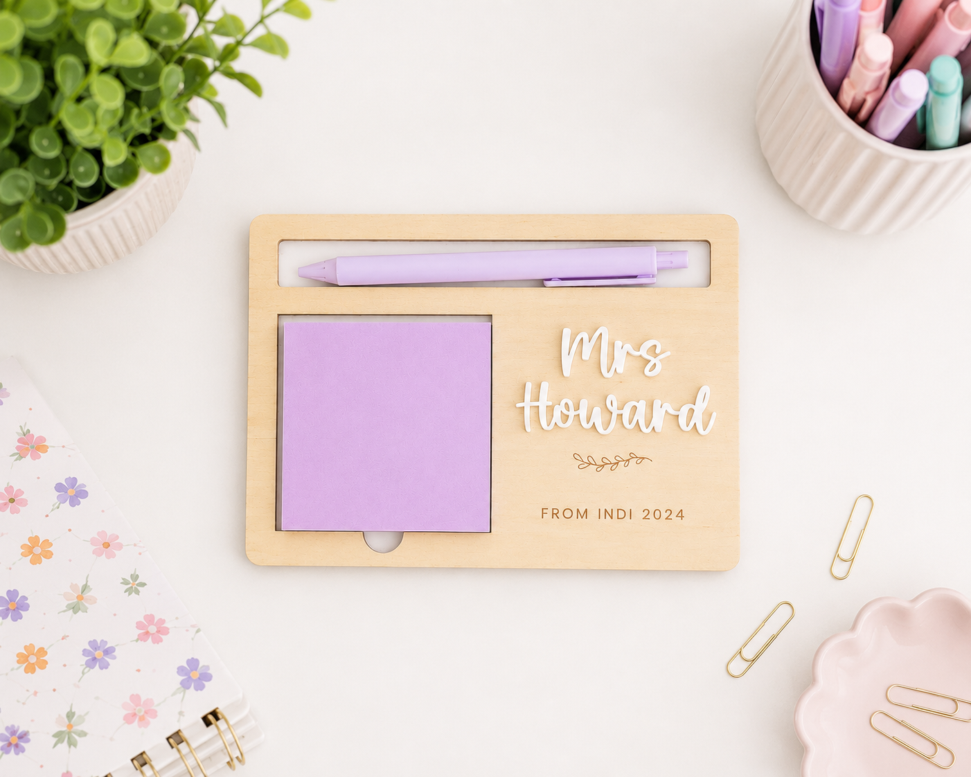 sticky note holder with pen and pad