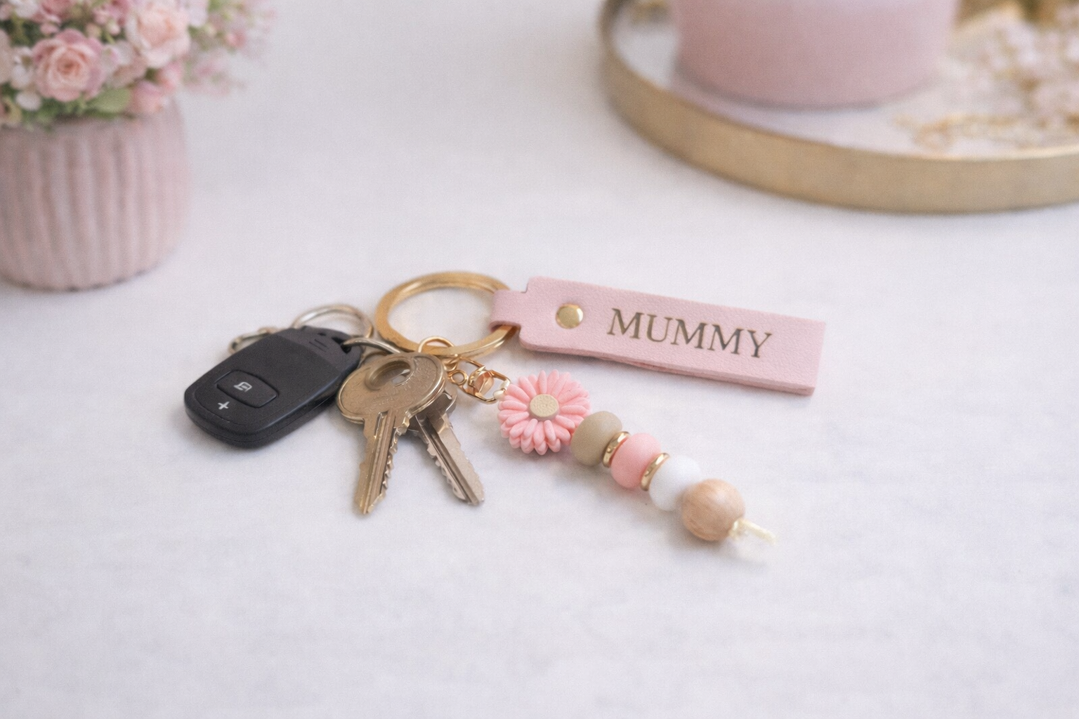 Leather and flower key ring