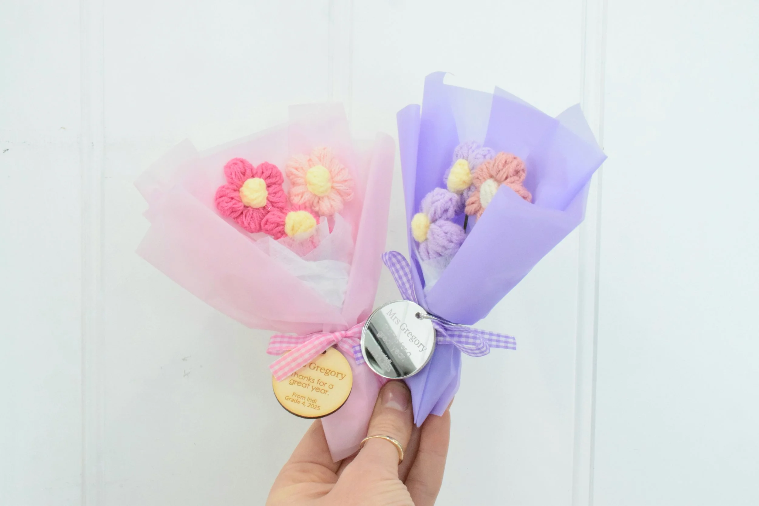 crochet flowers with personalised tag