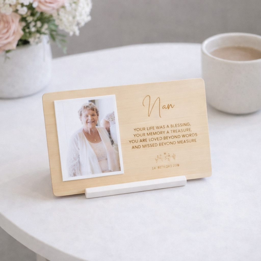 horizontal memorial photo plaque with text