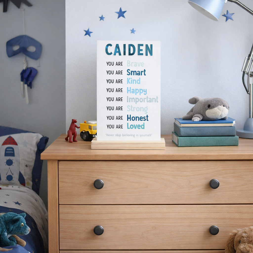 i am plaque white acrylic with timber base