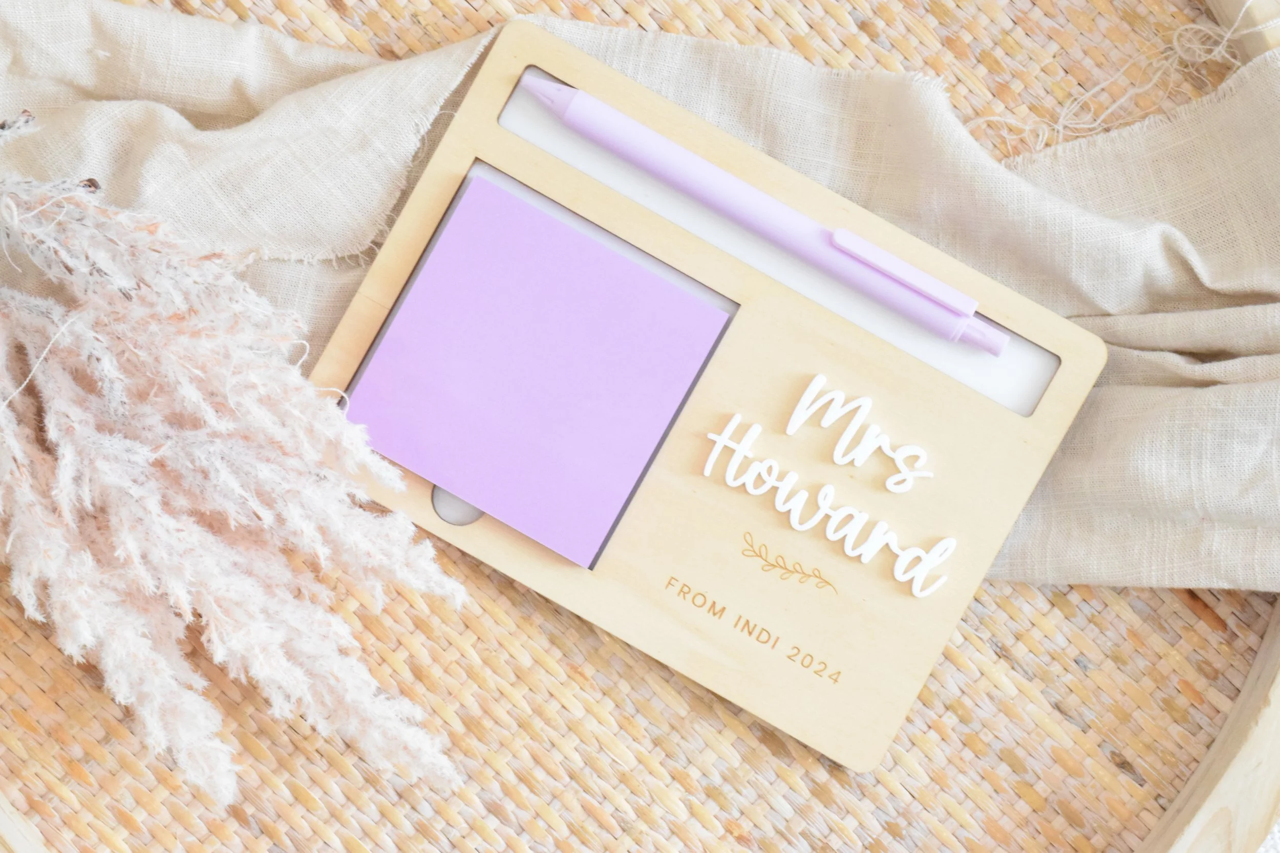 sticky note holder with pen and pad