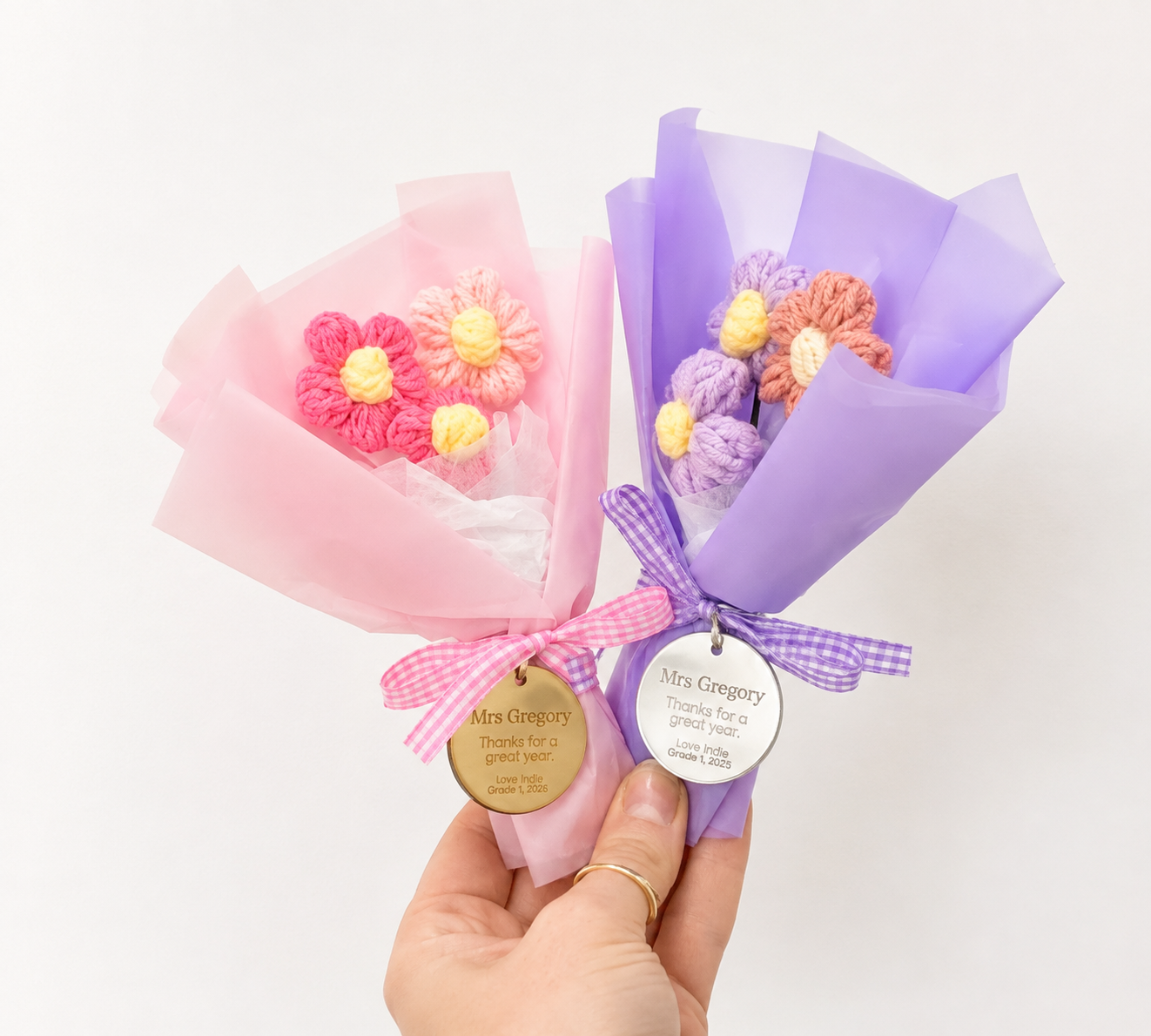 crochet flowers with personalised tag