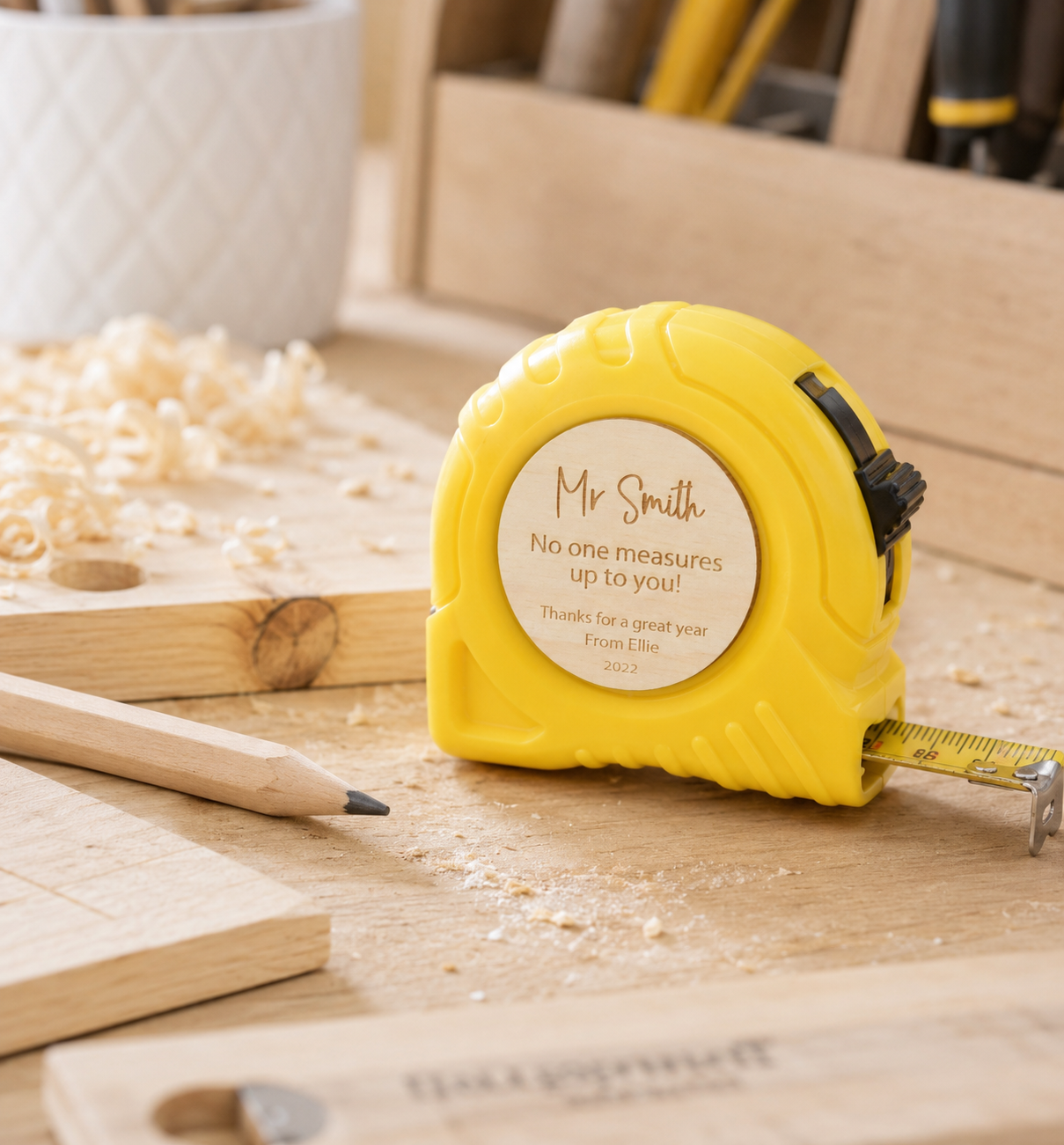 tape measure with engraved text