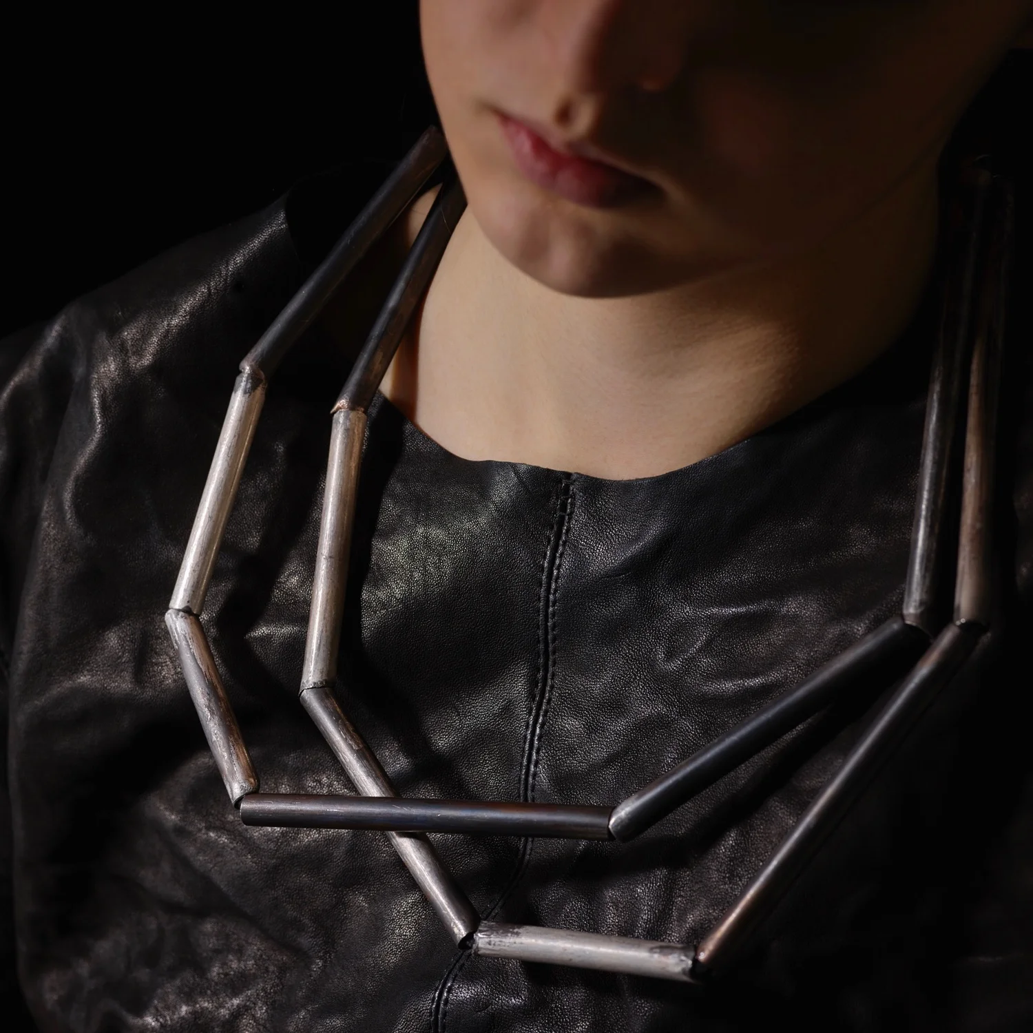Weathered Torque Branches . Oxidised sterling silver + silk. SIG