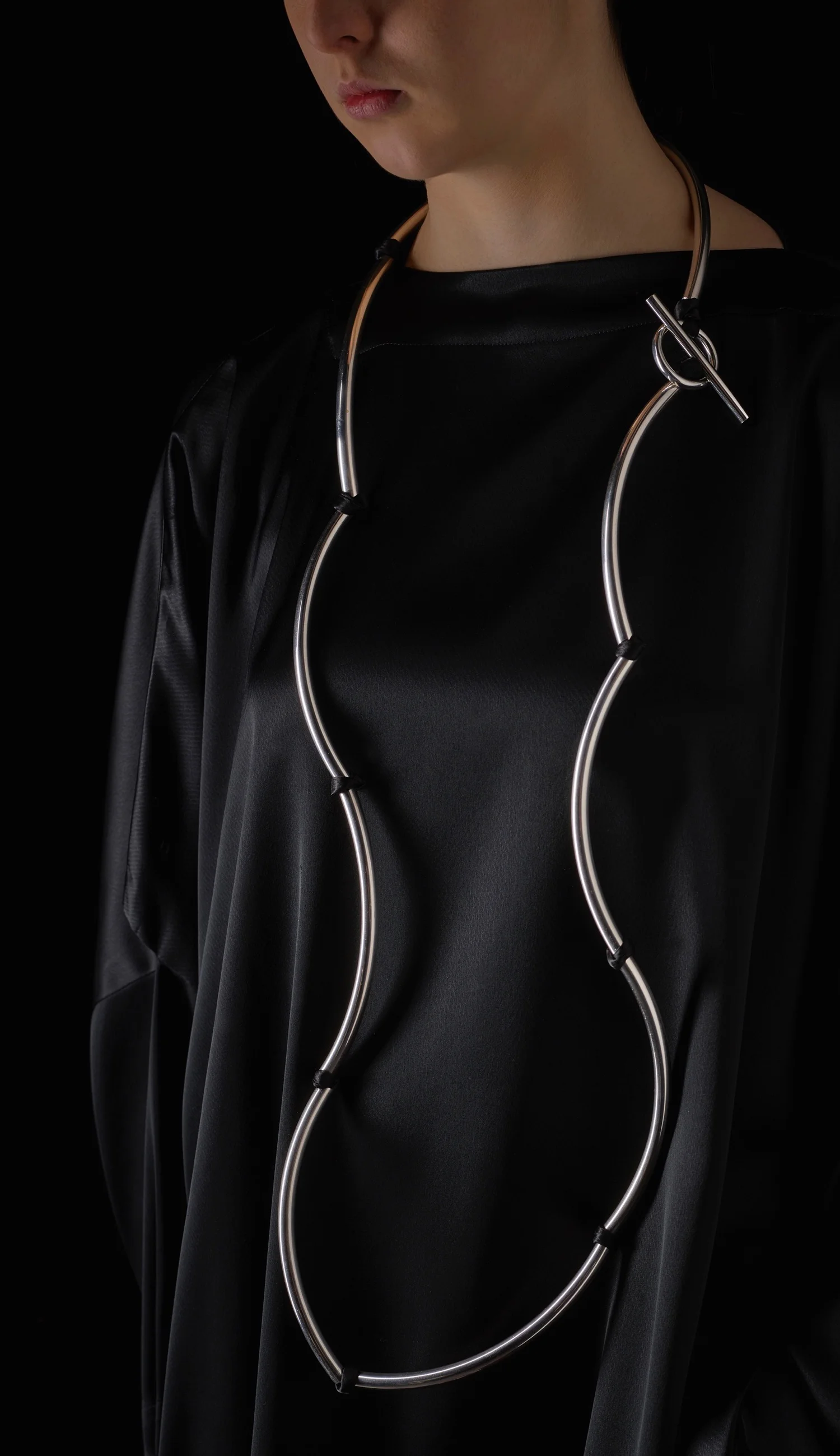 Torque Clouds long . Sterling silver + silk. SIG