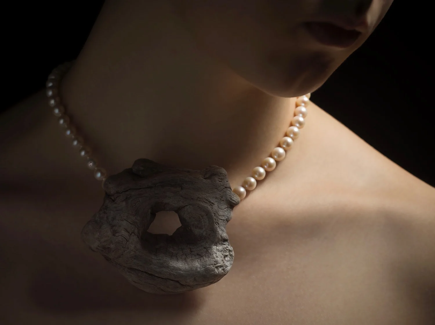 Atoll Adrift with Pearls . Tasmanian wilderness driftwood, cultured pearls + sterling silver. OO/S