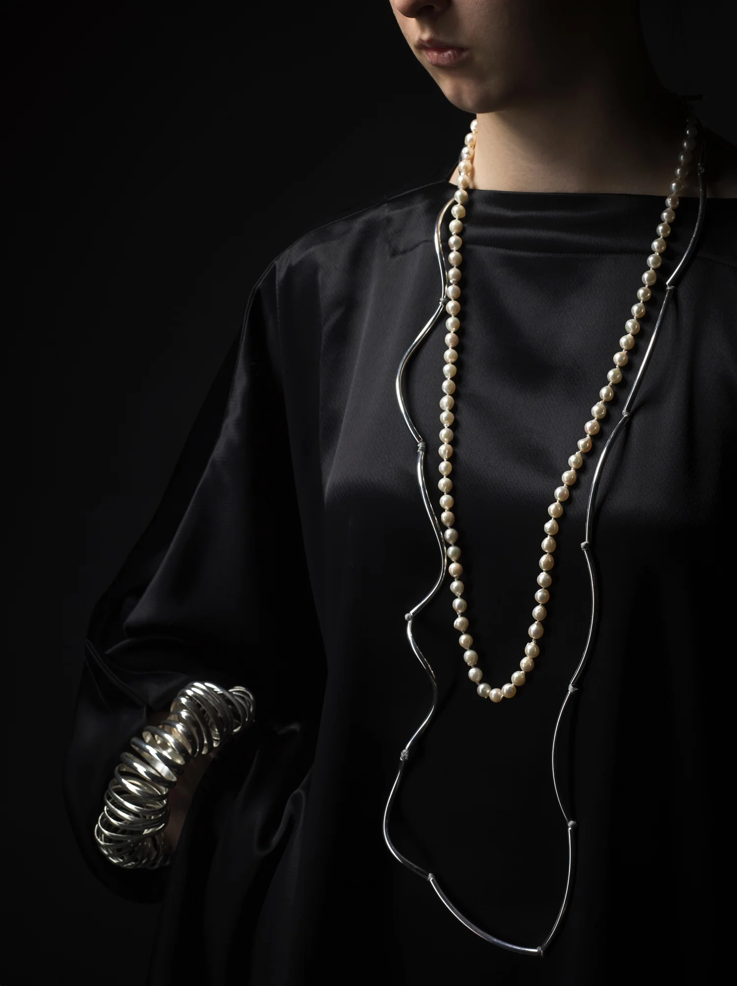 Bold Silver Clouds + Storms . (with Baroque pearl neckpiece). Sterling silver + silk. SIG