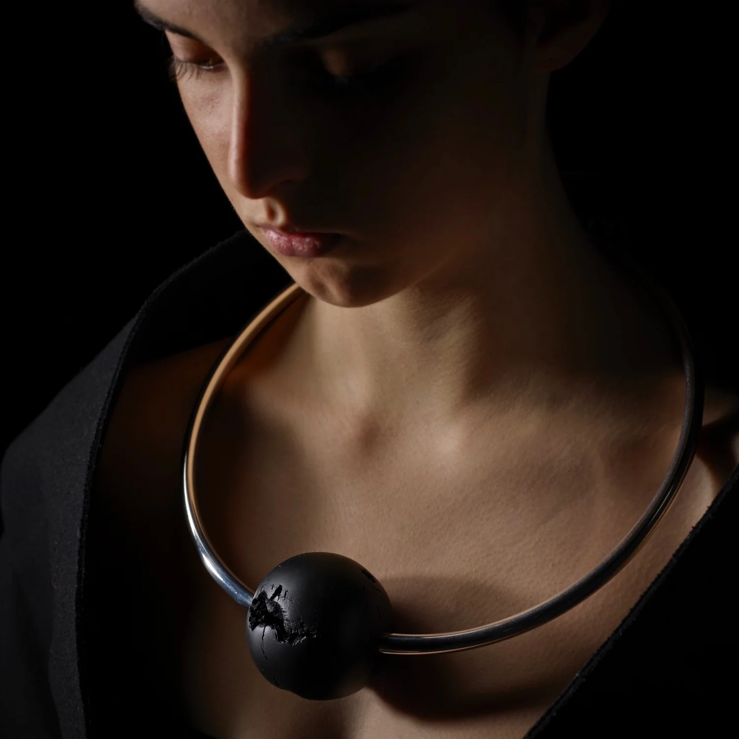 Decadent Forest Shadow Torque . Myrtle with burn finish, black diamond + sterling silver. Wood turner, Trevor Semmens SIG 