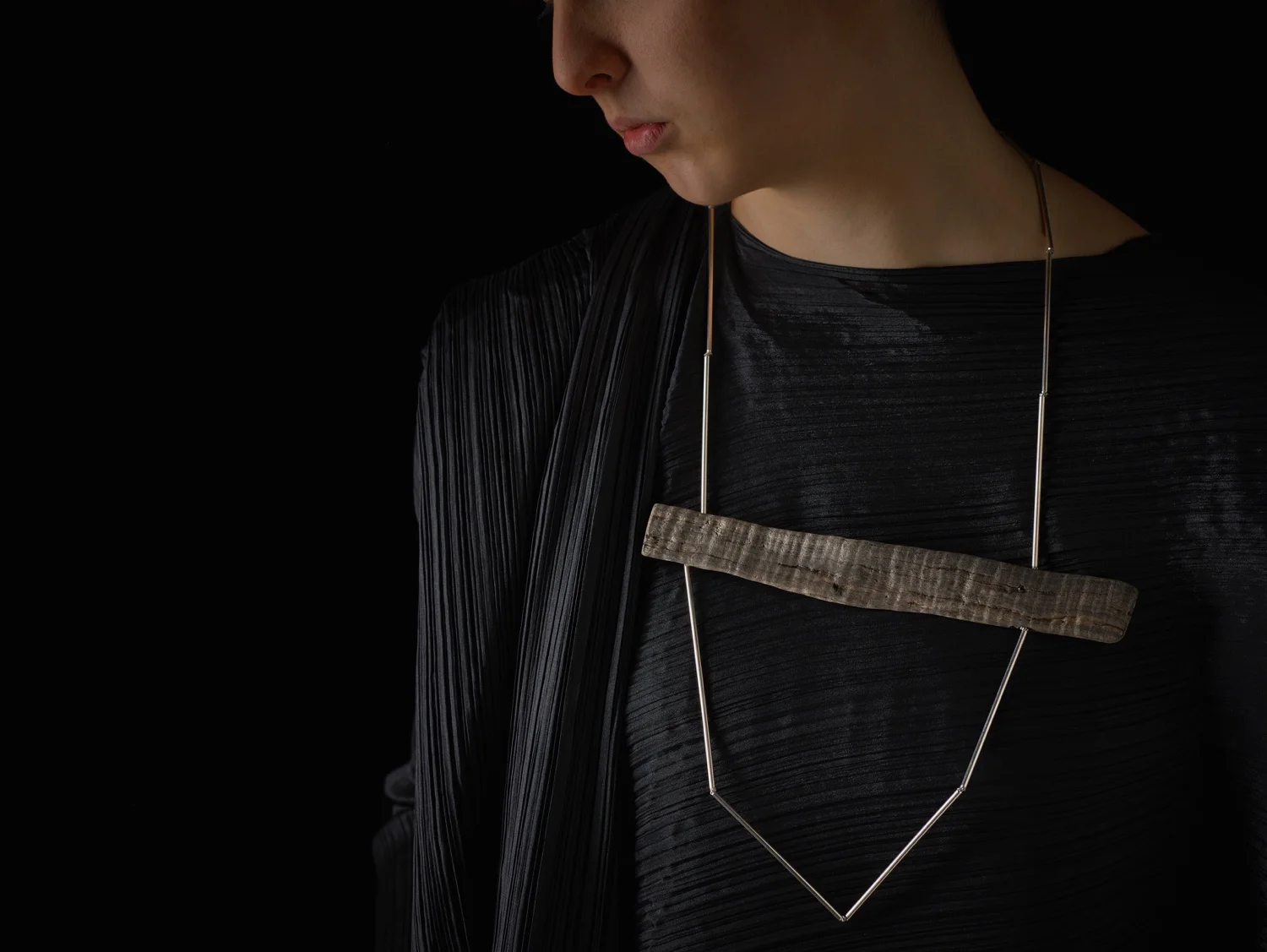 Fiddleback Adrift. Tasmanian wilderness driftwood, sterling silver + silk. OO/S