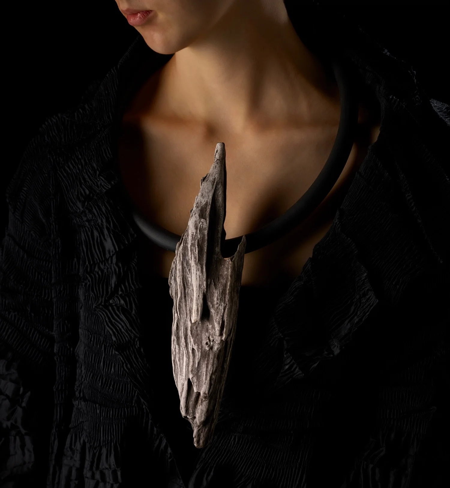 Shard Adrift Pin + neckpiece (shown as neckpiece). Tasmanian wilderness driftwood, sterling silver + neoprene. OO/A