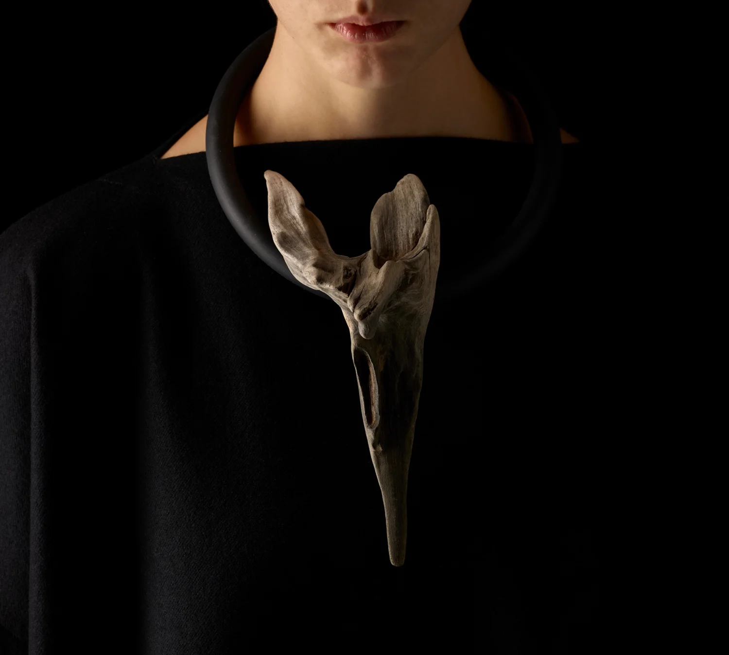 Tulip Adrift Pin + neckpiece (shown as neckpiece). Tasmanian wilderness driftwood, sterling silver + neoprene. OO/S