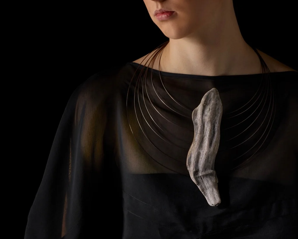 Platypus Adrift pin + Ripple neckpiece . Tasmanian wilderness driftwood + oxidised sterling silver. OO/A