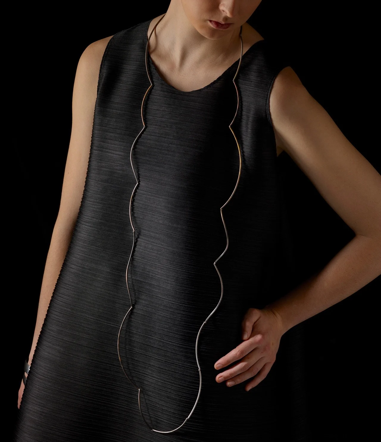 Confused Swell Light neckpiece. Oxidised sterling silver + silk. SIG
