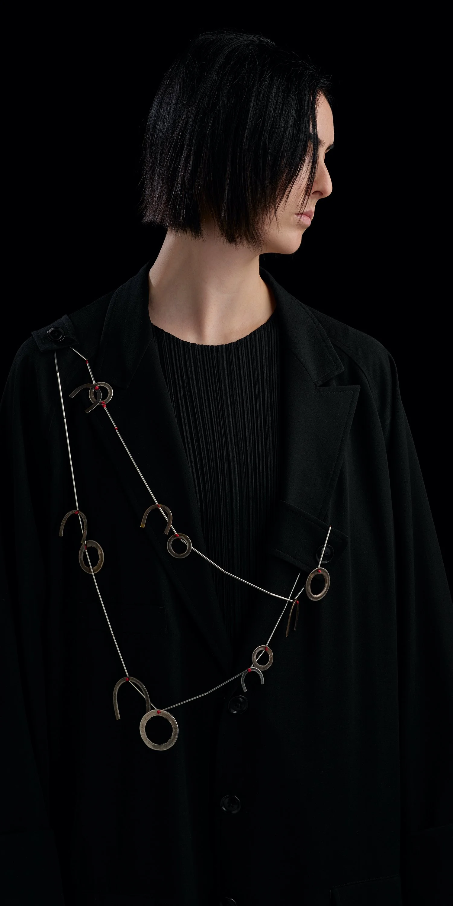   NO, No, no Graffiti neckpiece  in oxidised sterling silver + silk.   OO/S  