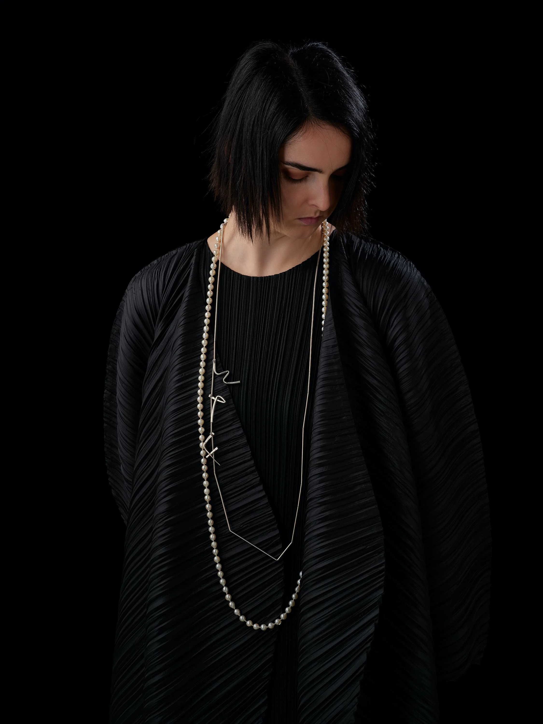   WTF Graffiti neckpiece  (round tube) in Sterling silver + silk  OO/A  worn with Linda’s cultured pearls  NFS  