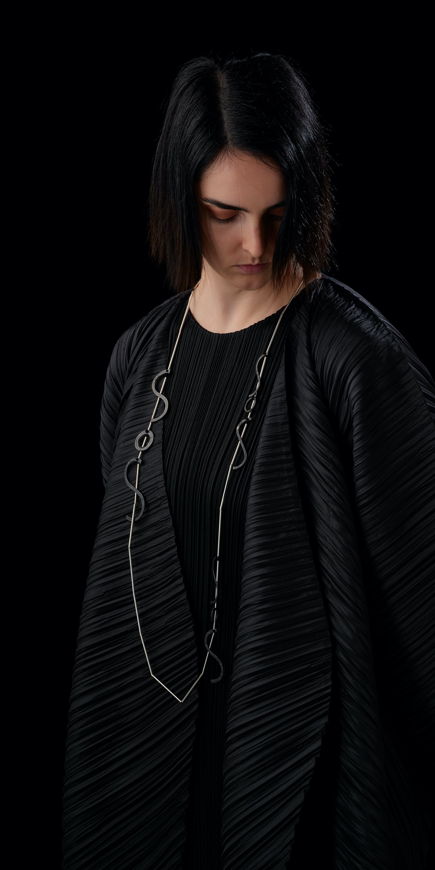   SOS Graffiti neckpiece  in Oxidised sterling silver, sterling silver + silk  OO/A  