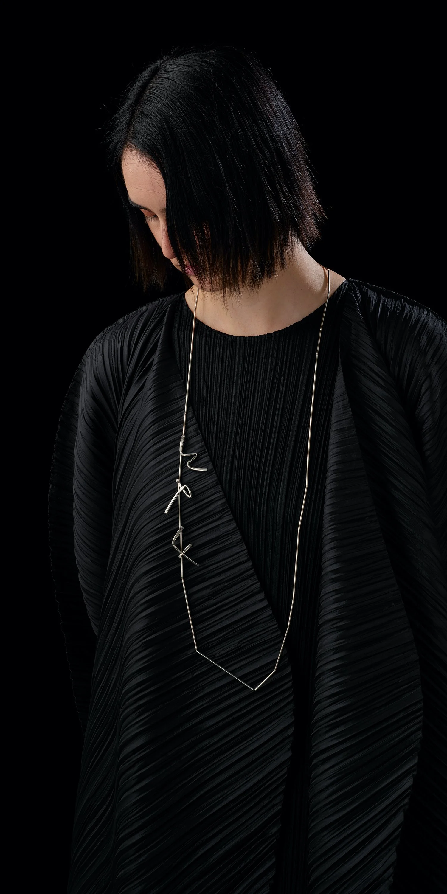  WTF Graffiti neckpiece  (round tube) in Sterling silver + silk  OO/A  