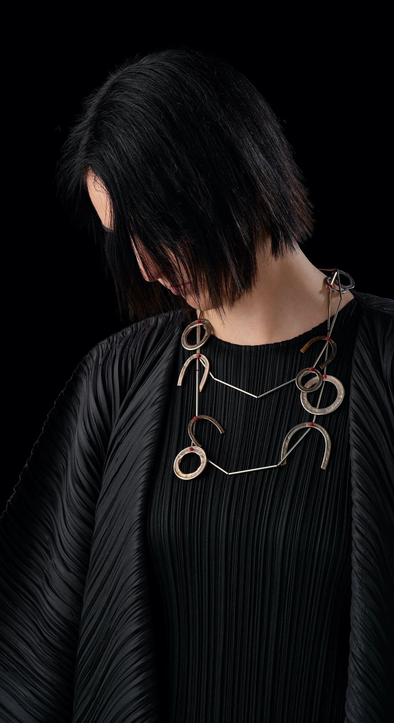   NO, No, no Graffiti neckpiece  in oxidised sterling silver + silk.   OO/S  