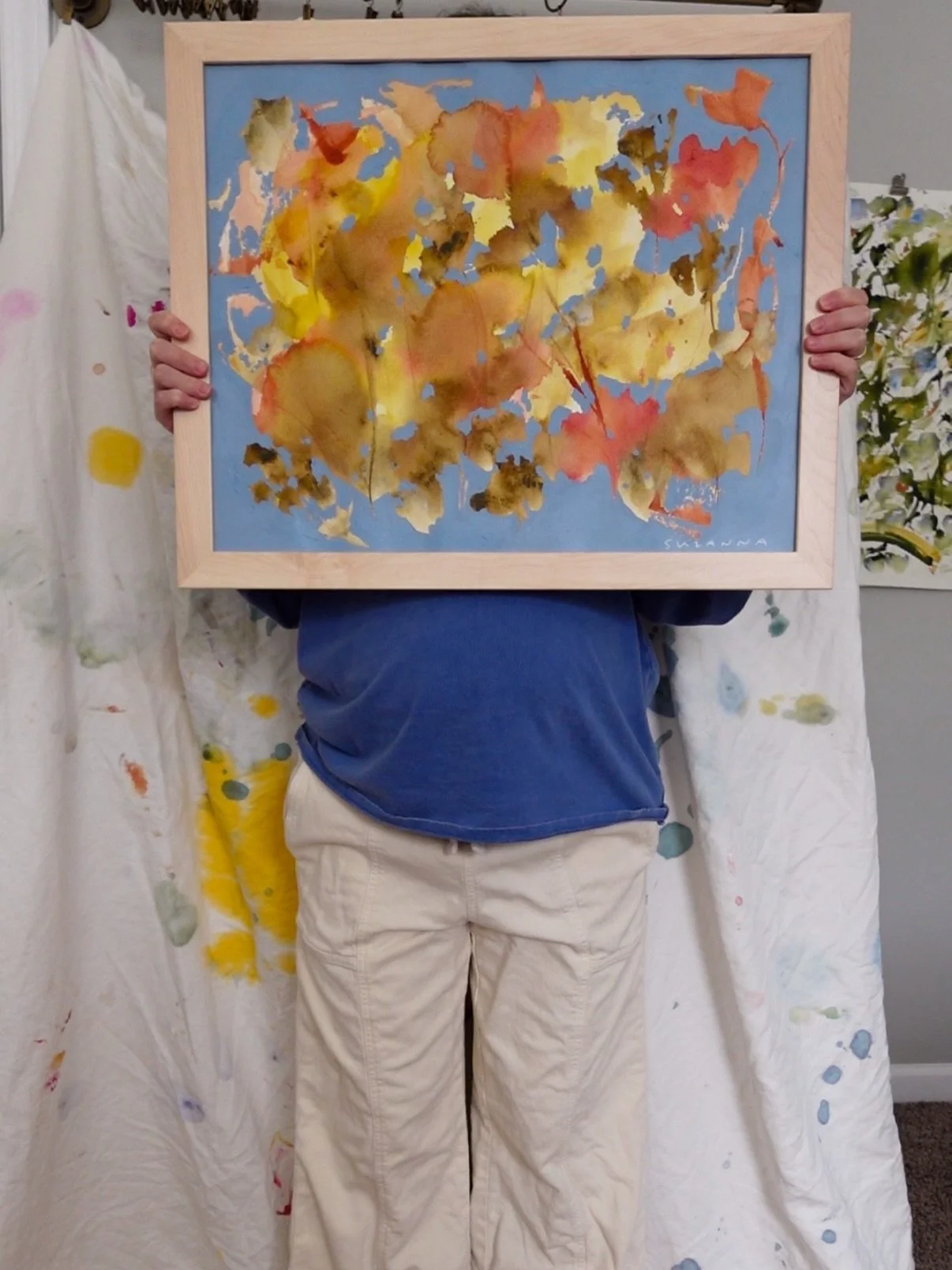Me + big belly + Brambles | 16x20&rdquo; acrylic on paper, framed in maple, and available now! Check out the framed florals collection on suztart.com 💐

#framedart #abstractflorals #floralpainting