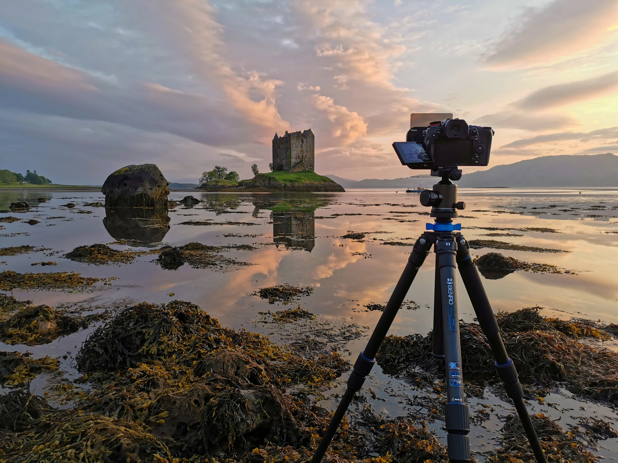 Setup and waiting for the colour to pop at Stalker Castle, Scotland