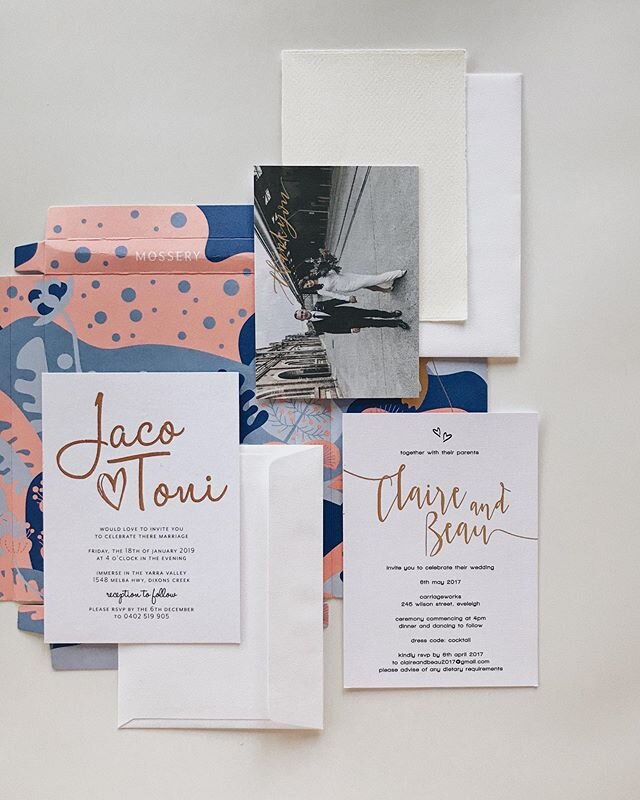 One of our bright sides today is finding previous designs and photographing them. What is a win for you today? 🥳

Invitations shown here:
&bull; Jaco &amp; Toni invite printed with rose gold foil on textured card stock
&bull; Claire &amp; Beau invit