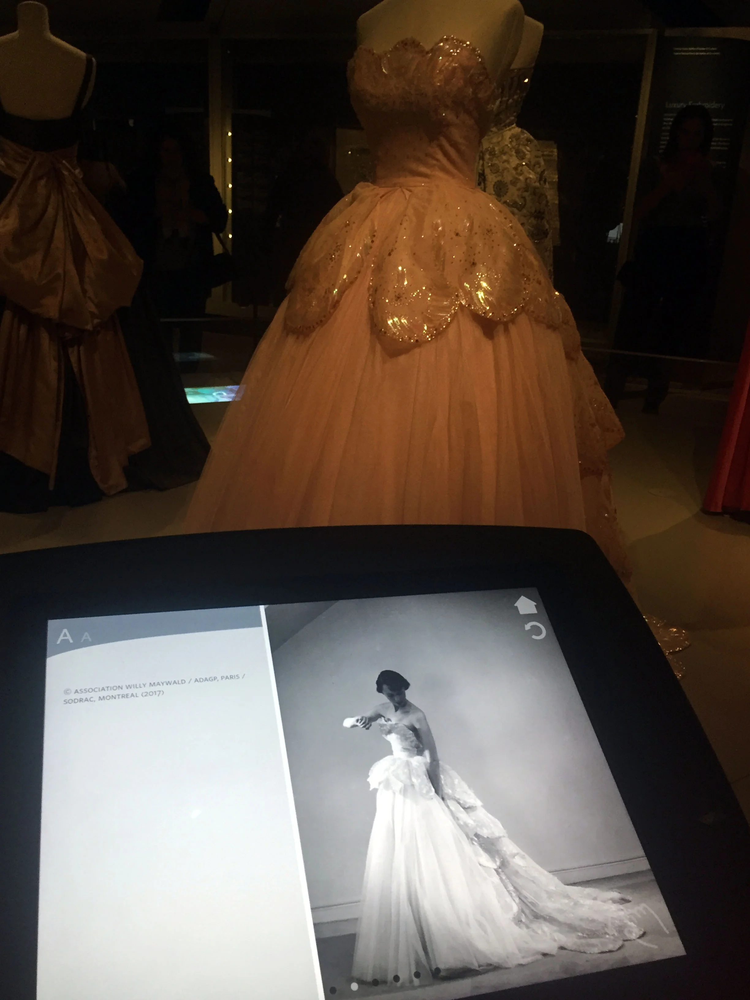 Device displaying information about a particular dress on display.
