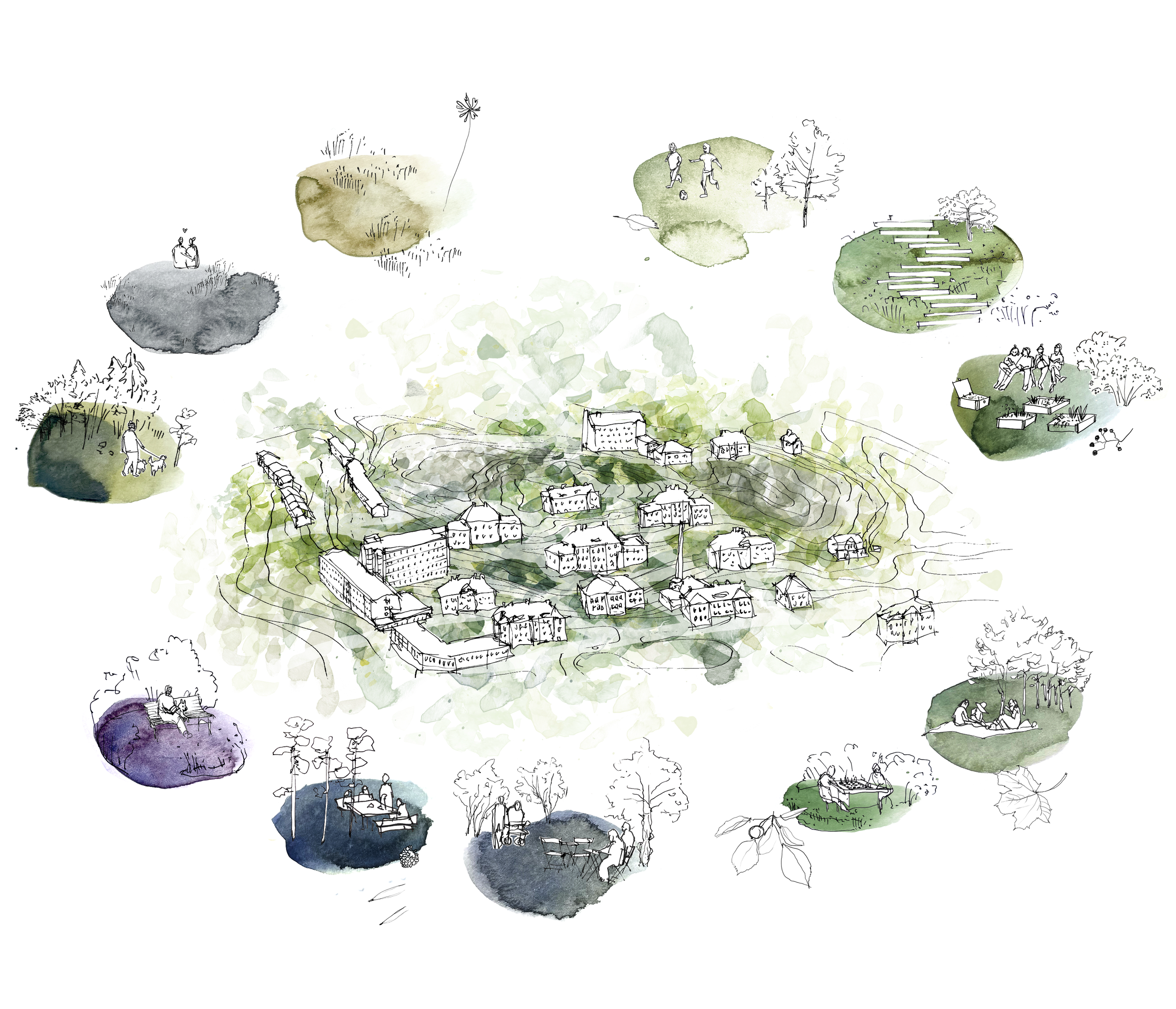  Illustrations for a recreation plan for historical Aurora hospital area. Nomaji Landscape architects Ltd / Assisting landscape designer 