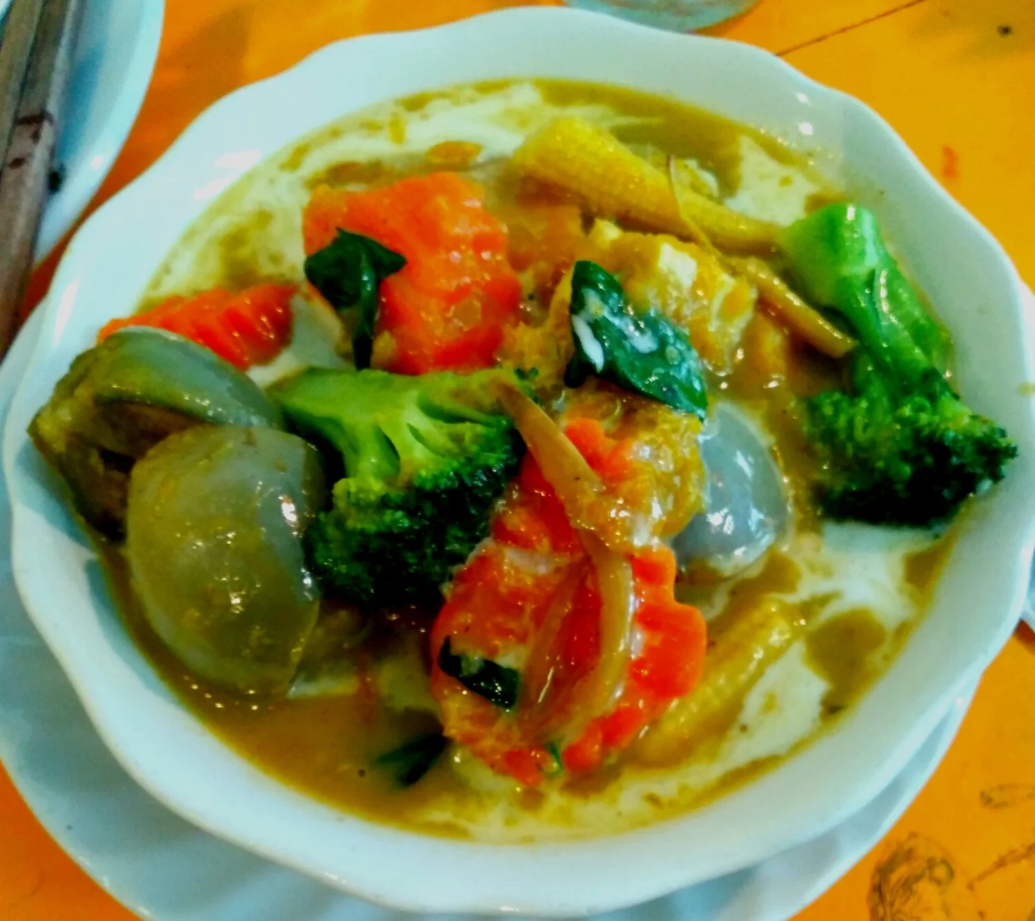 Green curry from May Kaidee's vegan restaurant in Bangkok.