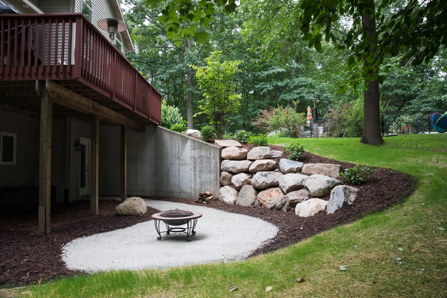 stone patio with fire pit