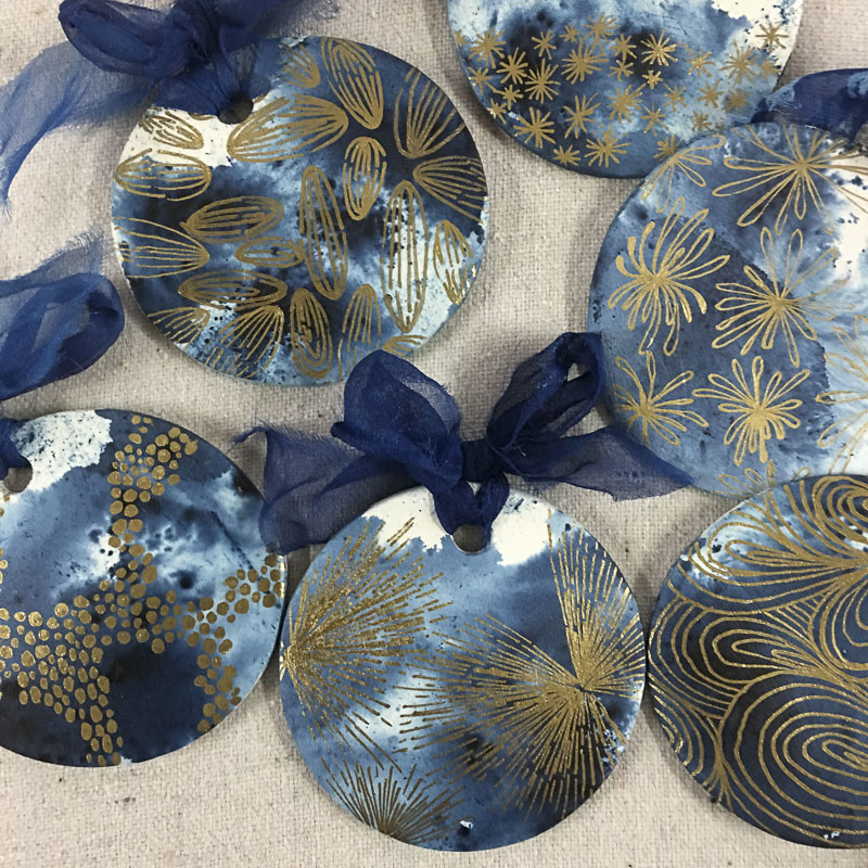 Emily+Mann,+Ink+and+Indigo,+Indigold+Ornaments+2016,+approx+2.25_,+clay,+indigo,+metallic+gold,+silk+27.JPG