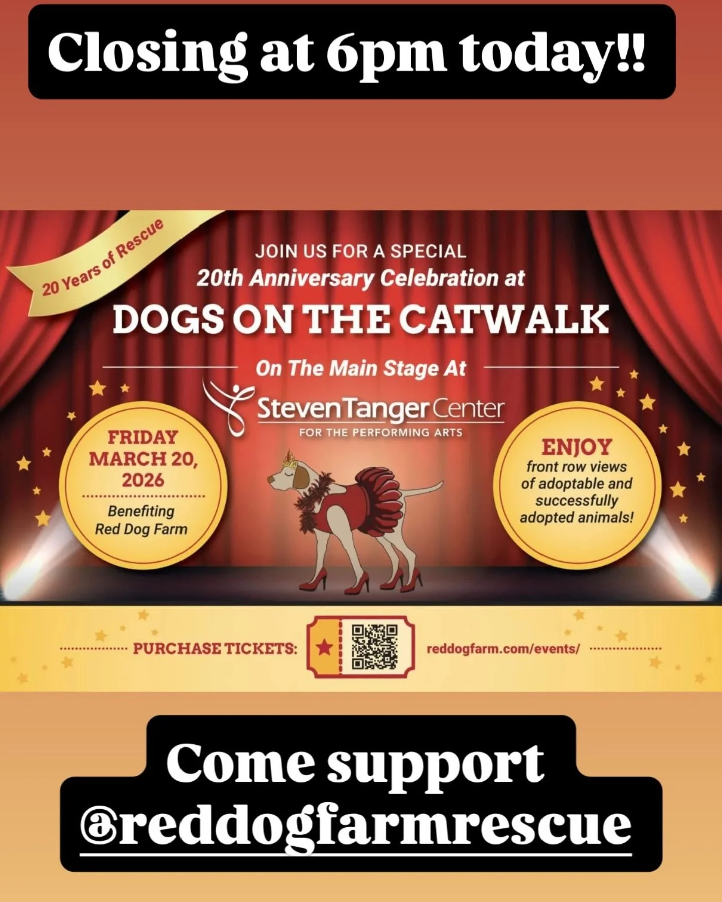 We will be closing at 6pm today (Friday March 20th) so our staff can come support @reddogfarmrescue at their annual fundraiser!